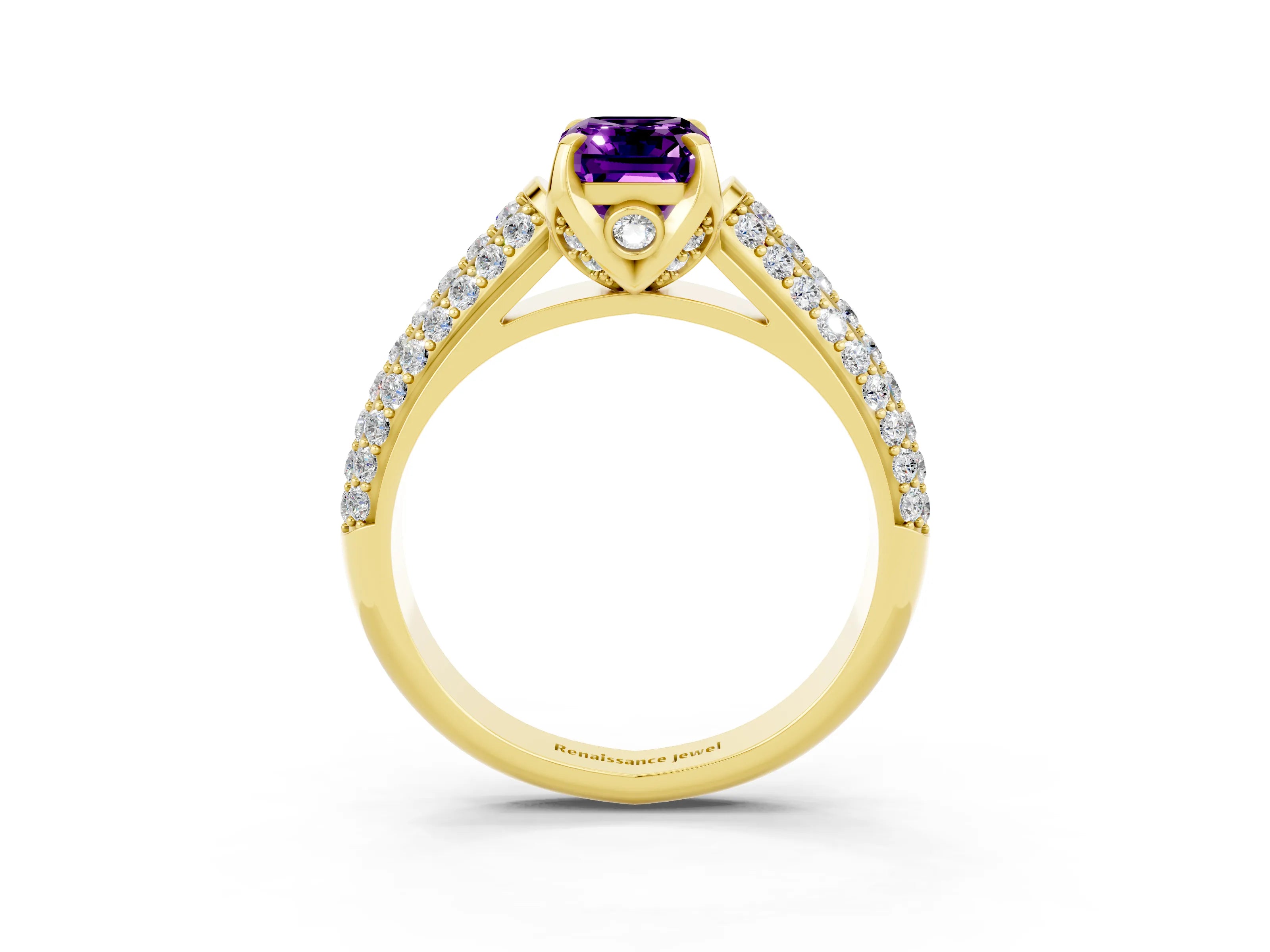 Yellow gold Emerald Cut Amethyst Solitaire Ring with Three-Row Pavé Band and Four-Prong Setting_15