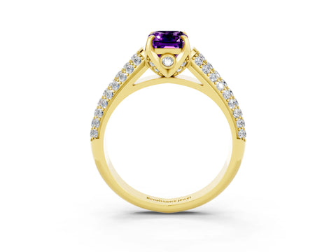 Yellow gold Emerald Cut Amethyst Solitaire Ring with Three-Row Pavé Band and Four-Prong Setting_15