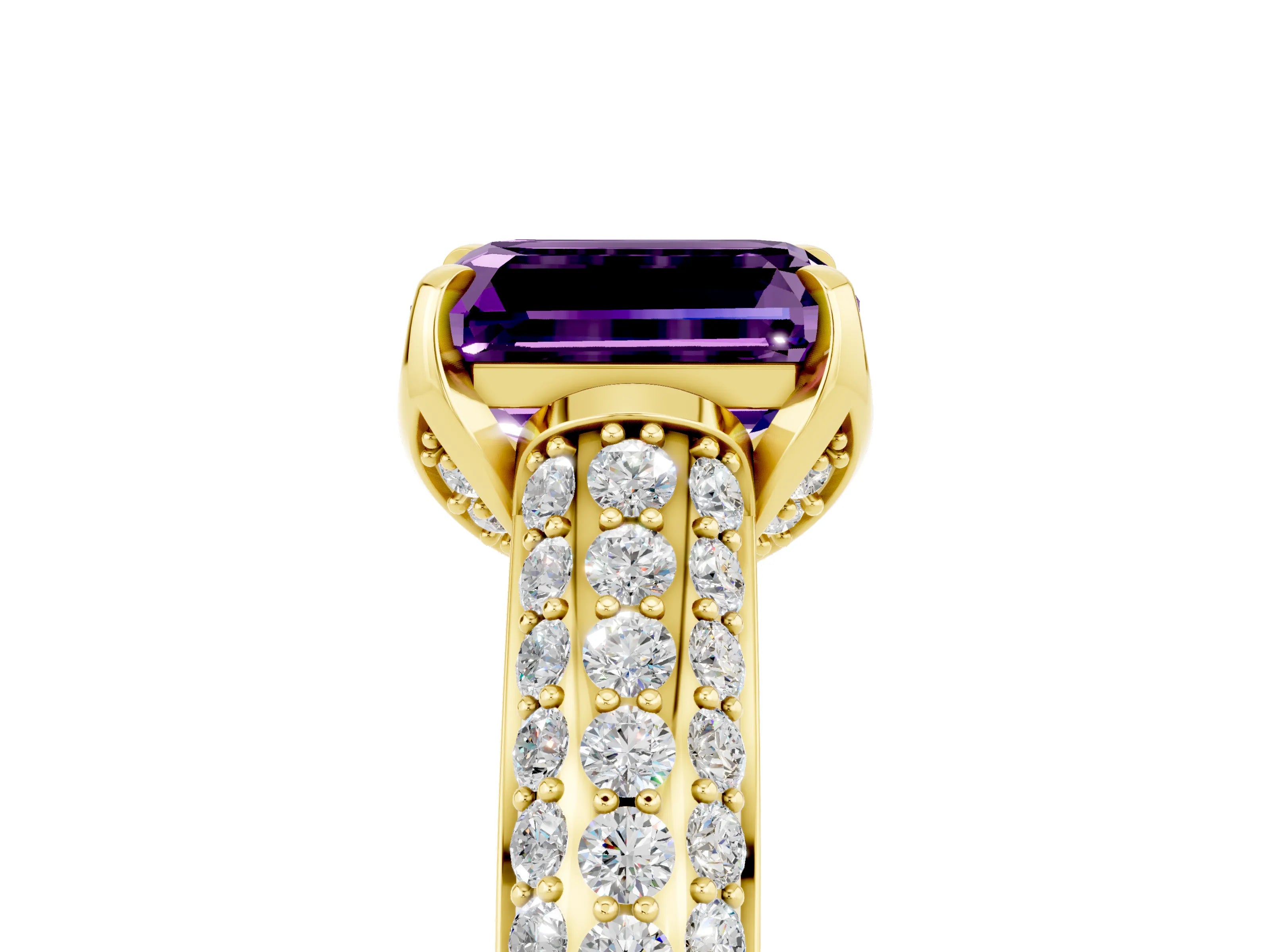 Yellow gold Emerald Cut Amethyst Solitaire Ring with Three-Row Pavé Band and Four-Prong Setting_17