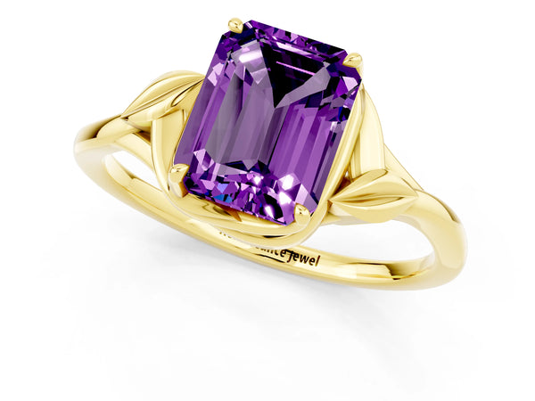 Yellow gold Emerald Cut Amethyst Solitaire Ring with Twist Band and Four-Prong Setting