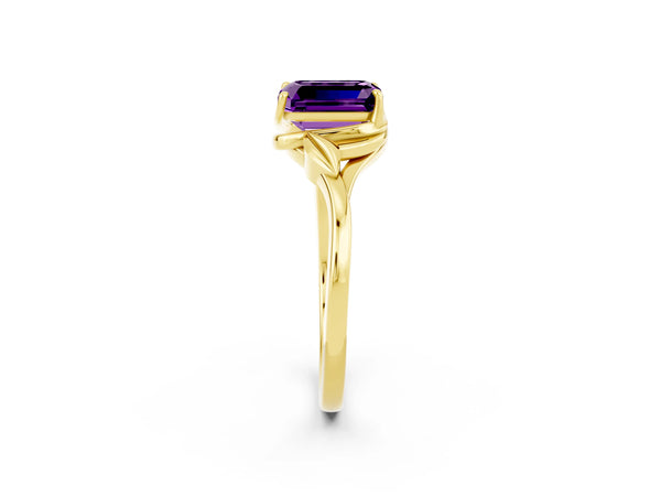 Yellow gold Emerald Cut Amethyst Solitaire Ring with Twist Band and Four-Prong Setting