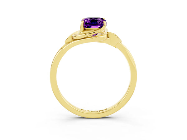 Yellow gold Emerald Cut Amethyst Solitaire Ring with Twist Band and Four-Prong Setting