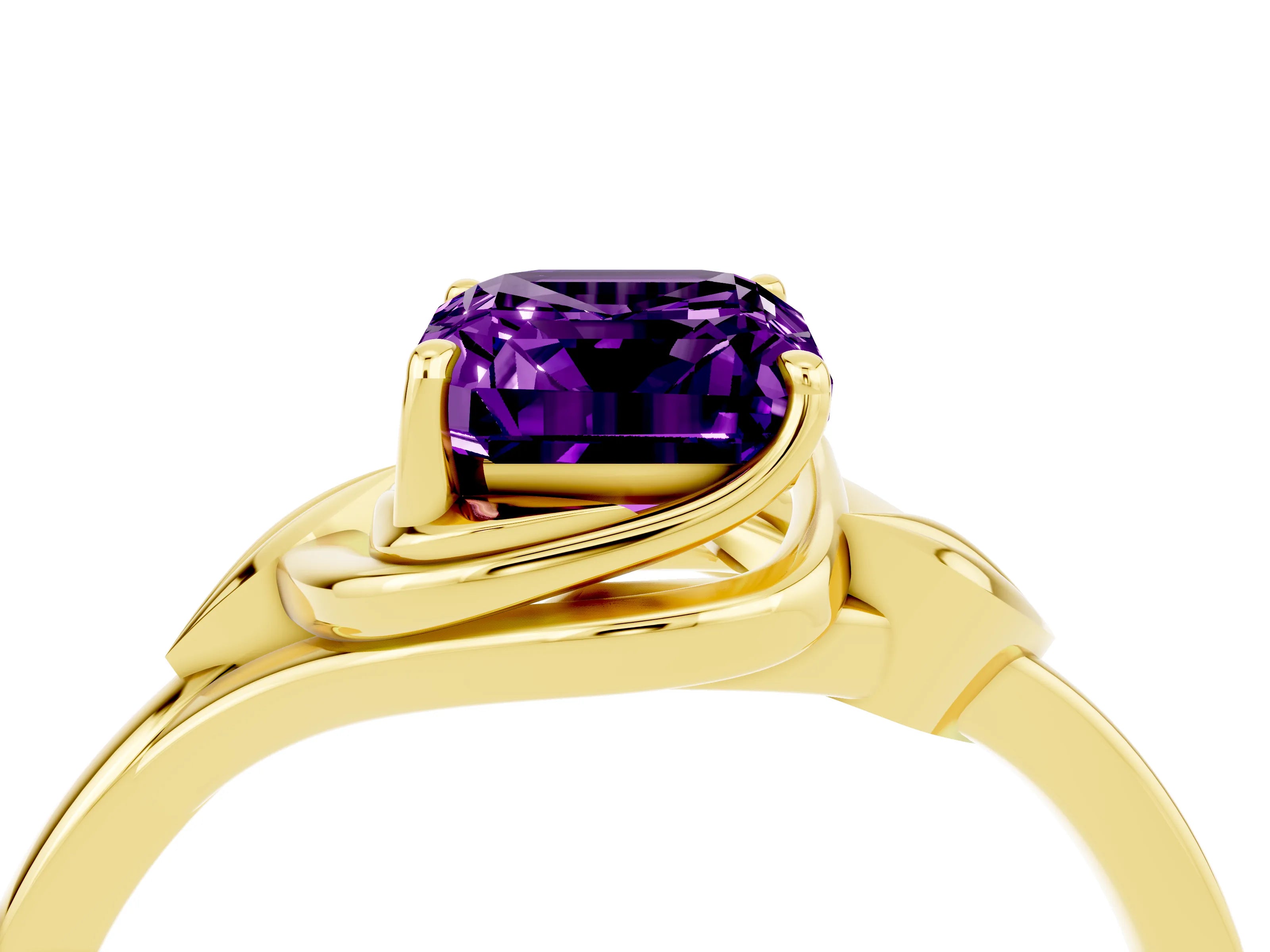 Yellow gold Emerald Cut Amethyst Solitaire Ring with Twist Band and Four-Prong Setting_28