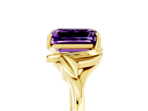 Yellow gold Emerald Cut Amethyst Solitaire Ring with Twist Band and Four-Prong Setting_29