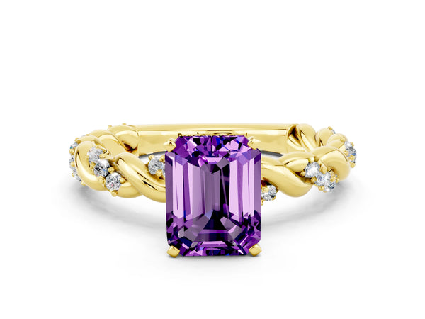 Yellow gold Emerald Cut Amethyst Solitaire Ring with Twisted Band and Pavé Accents