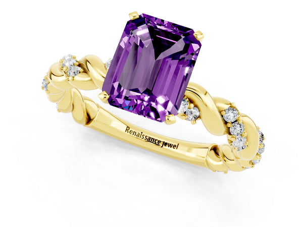 Yellow gold Emerald Cut Amethyst Solitaire Ring with Twisted Band and Pavé Accents