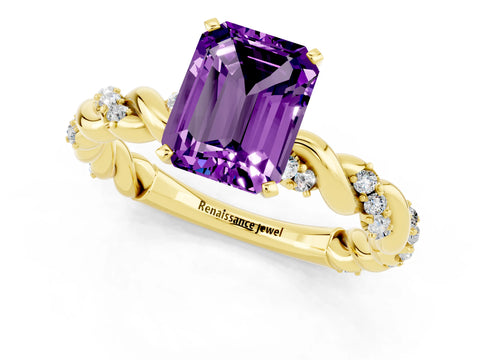 Yellow gold Emerald Cut Amethyst Solitaire Ring with Twisted Band and Pavé Accents_1