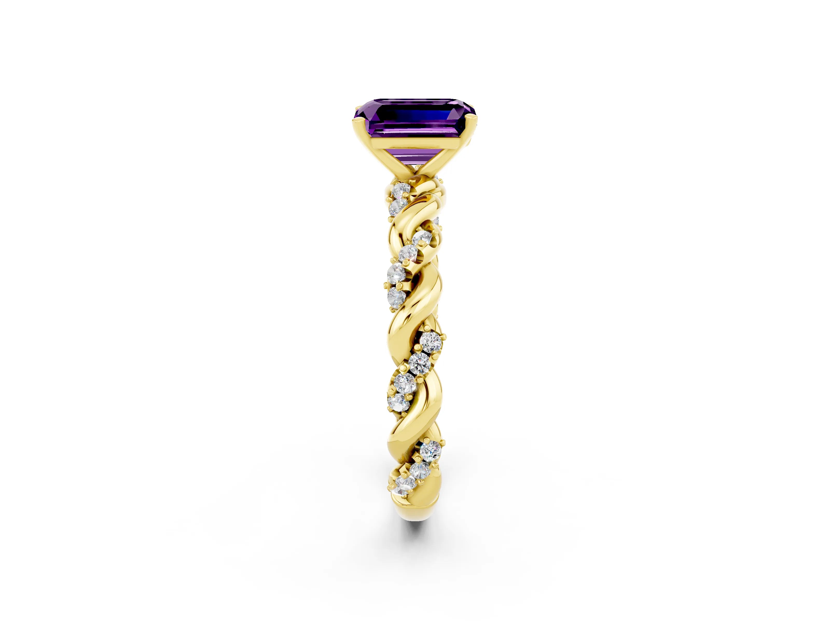 Yellow gold Emerald Cut Amethyst Solitaire Ring with Twisted Band and Pavé Accents_2