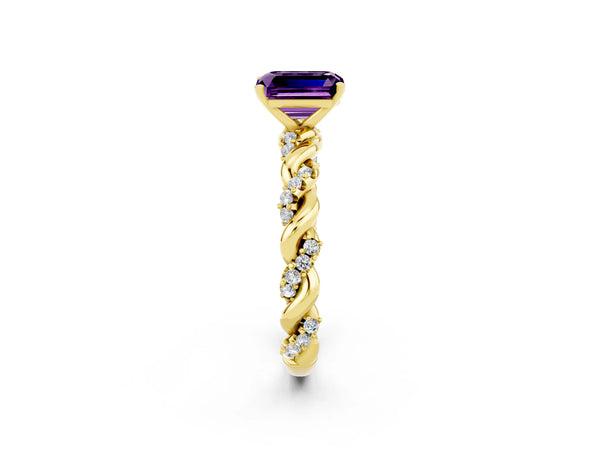 Yellow gold Emerald Cut Amethyst Solitaire Ring with Twisted Band and Pavé Accents
