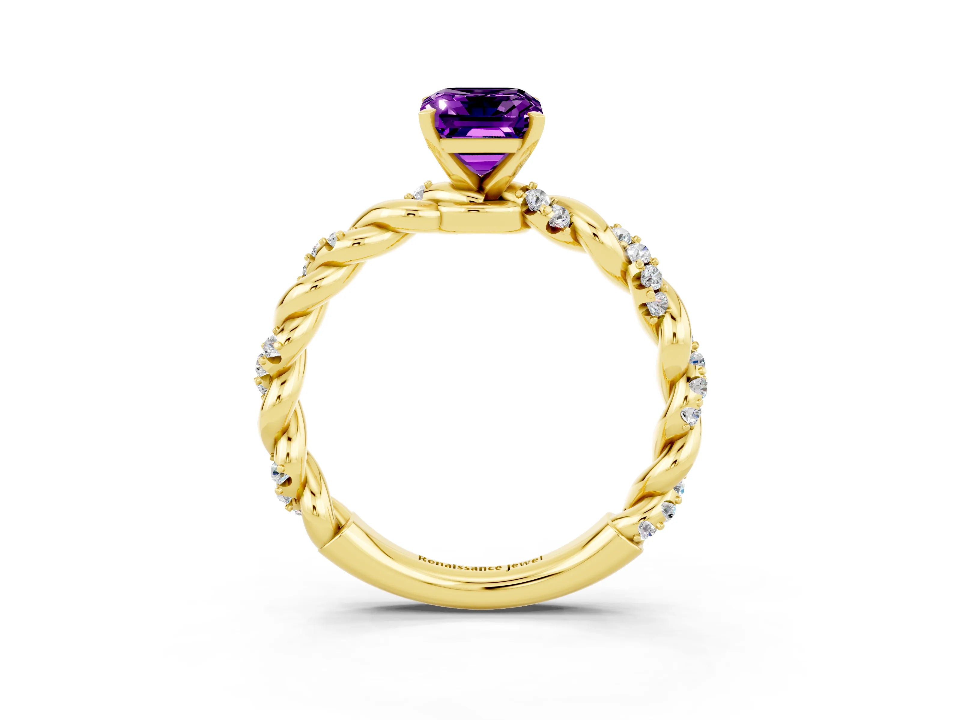 Yellow gold Emerald Cut Amethyst Solitaire Ring with Twisted Band and Pavé Accents_3
