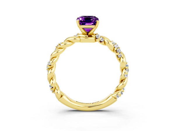 Yellow gold Emerald Cut Amethyst Solitaire Ring with Twisted Band and Pavé Accents