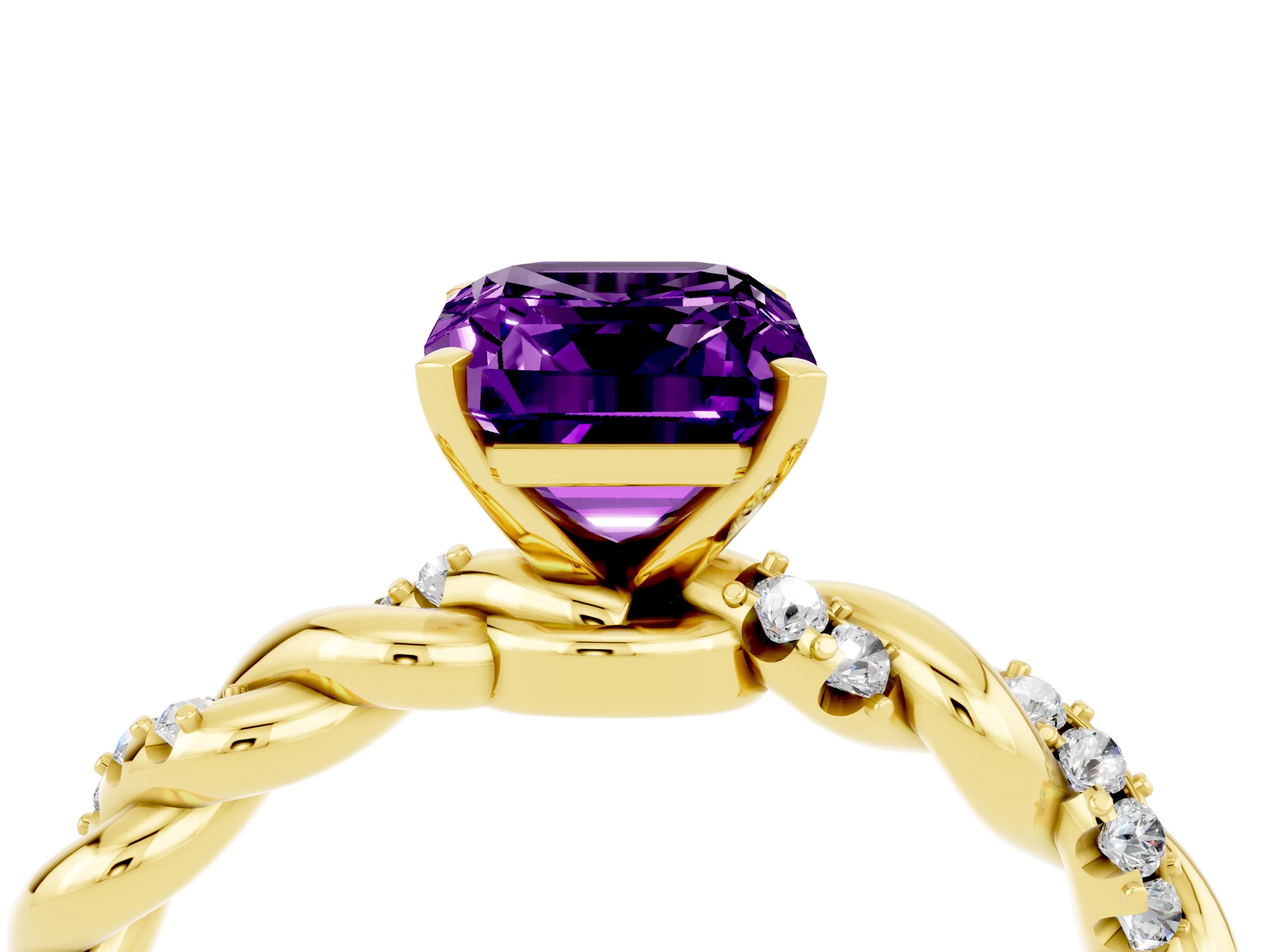 Yellow gold Emerald Cut Amethyst Solitaire Ring with Twisted Band and Pavé Accents_4