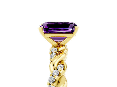 Yellow gold Emerald Cut Amethyst Solitaire Ring with Twisted Band and Pavé Accents_5