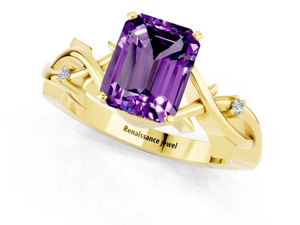 Yellow gold Emerald Cut Amethyst Solitaire Ring with Twisted Band and Prong Setting
