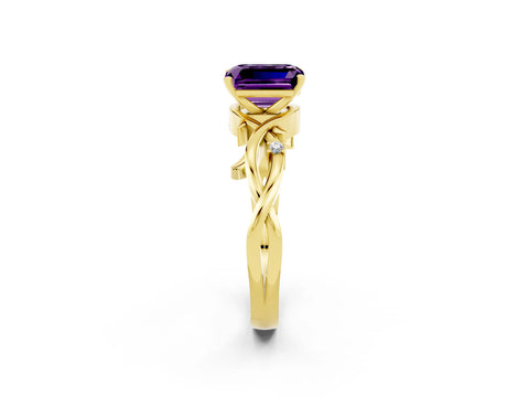Yellow gold Emerald Cut Amethyst Solitaire Ring with Twisted Band and Prong Setting_2