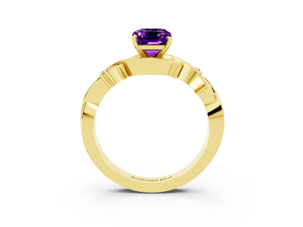 Yellow gold Emerald Cut Amethyst Solitaire Ring with Twisted Band and Prong Setting