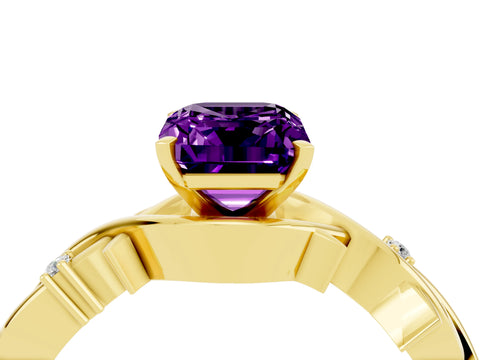 Yellow gold Emerald Cut Amethyst Solitaire Ring with Twisted Band and Prong Setting_4