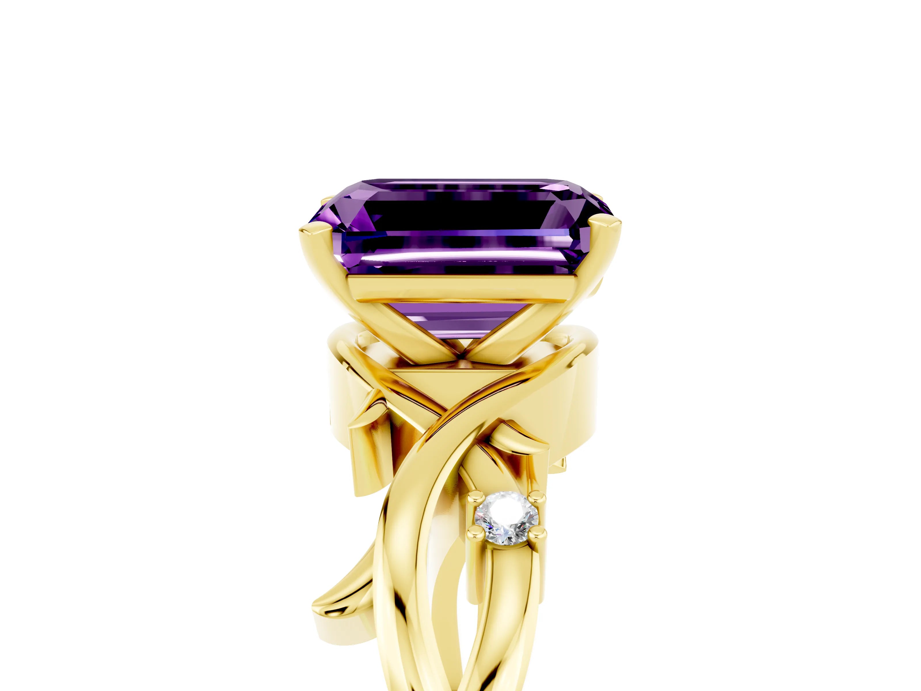 Yellow gold Emerald Cut Amethyst Solitaire Ring with Twisted Band and Prong Setting_5