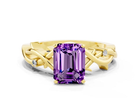 Yellow gold Emerald Cut Amethyst Solitaire Ring with Twisted Band and Prong Setting