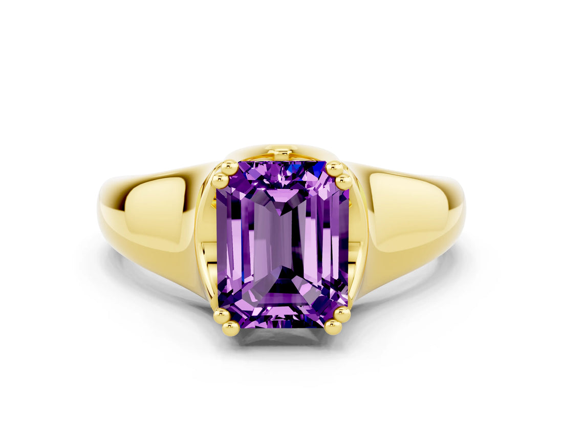 Yellow gold Emerald Cut Amethyst Solitaire Ring with Wide Band and Prong Setting