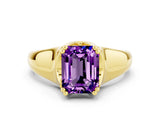 Yellow gold Emerald Cut Amethyst Solitaire Ring with Wide Band and Prong Setting