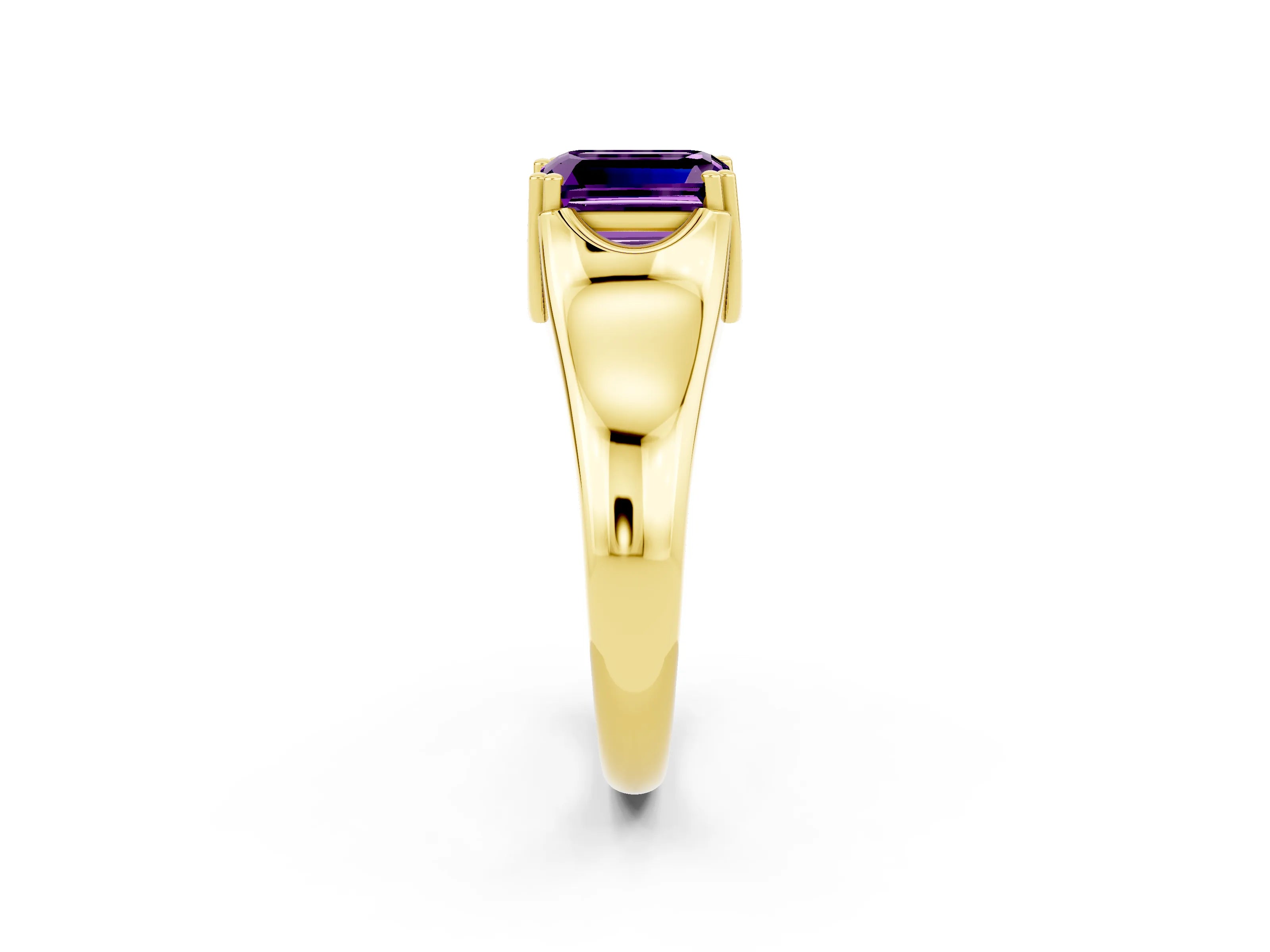 Yellow gold Emerald Cut Amethyst Solitaire Ring with Wide Band and Prong Setting_2
