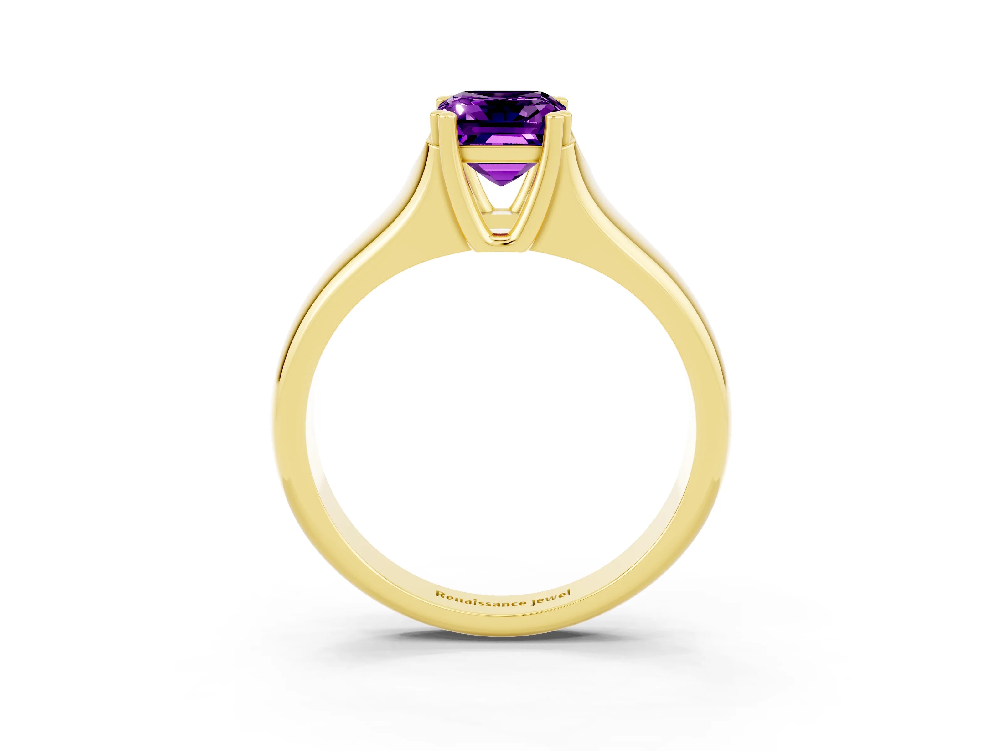 Yellow gold Emerald Cut Amethyst Solitaire Ring with Wide Band and Prong Setting_3