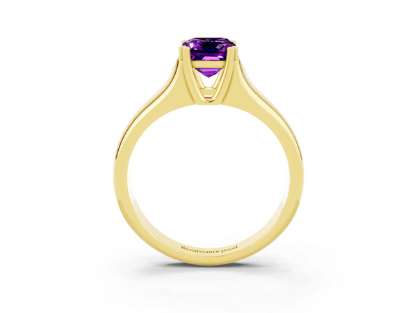 Yellow gold Emerald Cut Amethyst Solitaire Ring with Wide Band and Prong Setting