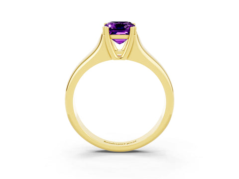 Yellow gold Emerald Cut Amethyst Solitaire Ring with Wide Band and Prong Setting_3