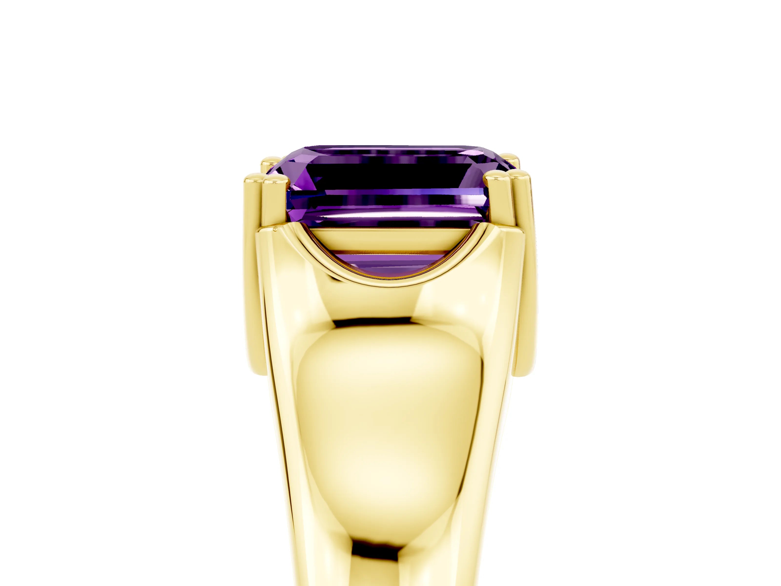 Yellow gold Emerald Cut Amethyst Solitaire Ring with Wide Band and Prong Setting_5