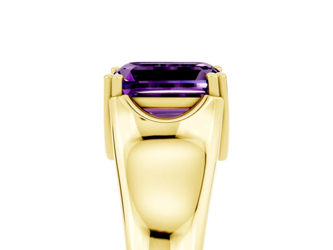 Yellow gold Emerald Cut Amethyst Solitaire Ring with Wide Band and Prong Setting_5