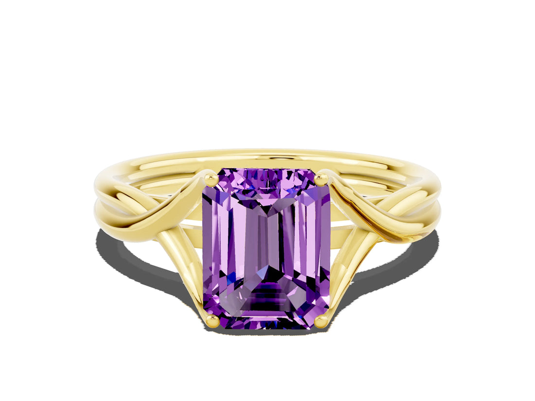 Yellow gold Emerald Cut Amethyst Solitaire Twist Band Prong Setting Ring_48