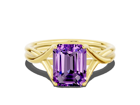 Yellow gold Emerald Cut Amethyst Solitaire Twist Band Prong Setting Ring_48