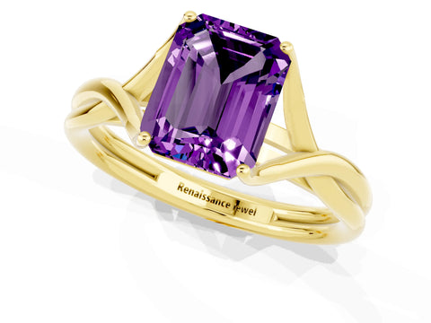 Yellow gold Emerald Cut Amethyst Solitaire Twist Band Prong Setting Ring_49