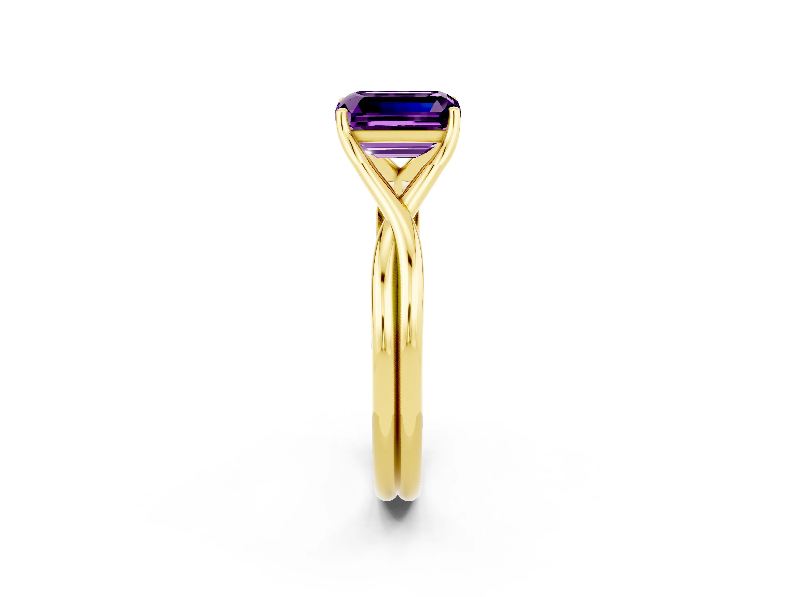 Yellow gold Emerald Cut Amethyst Solitaire Twist Band Prong Setting Ring_50