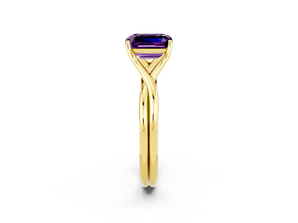 Yellow gold Emerald Cut Amethyst Solitaire Twist Band Prong Setting Ring
