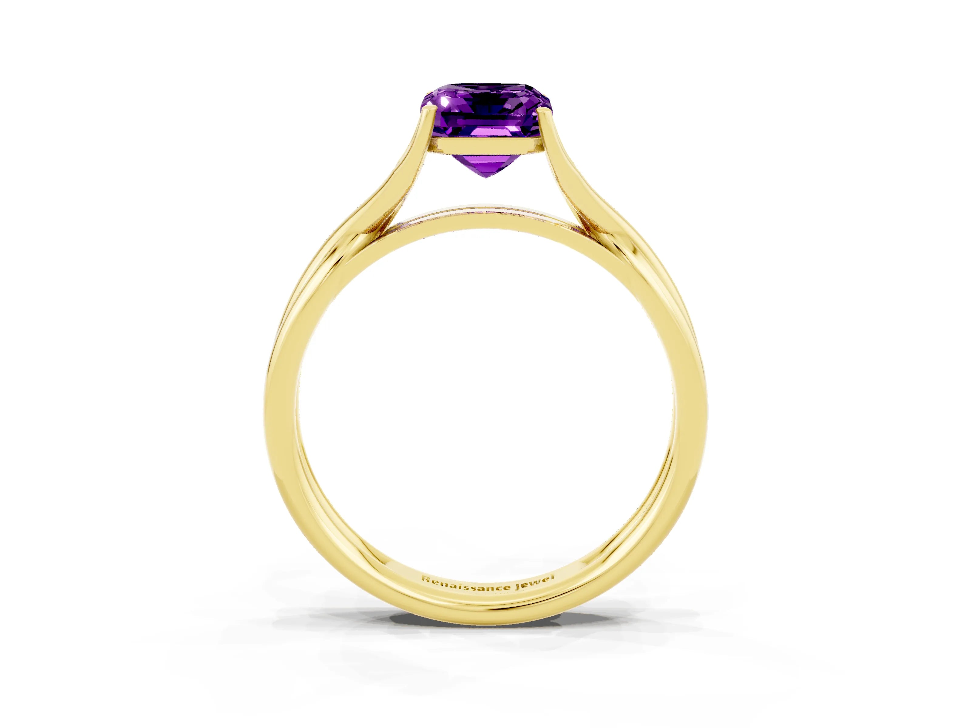 Yellow gold Emerald Cut Amethyst Solitaire Twist Band Prong Setting Ring_51