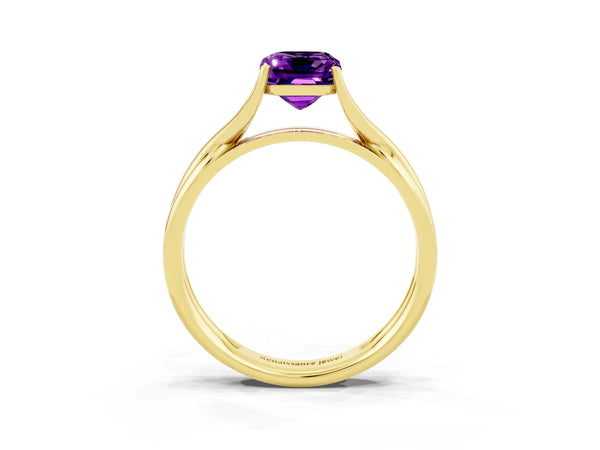 Yellow gold Emerald Cut Amethyst Solitaire Twist Band Prong Setting Ring