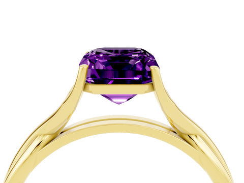 Yellow gold Emerald Cut Amethyst Solitaire Twist Band Prong Setting Ring_52