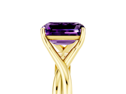 Yellow gold Emerald Cut Amethyst Solitaire Twist Band Prong Setting Ring_53
