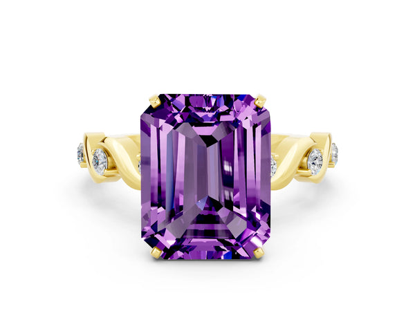 Yellow gold Emerald Cut Amethyst Solitaire Twisted Band with Round  Accents and Prong Setting