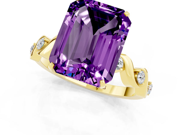 Yellow gold Emerald Cut Amethyst Solitaire Twisted Band with Round  Accents and Prong Setting