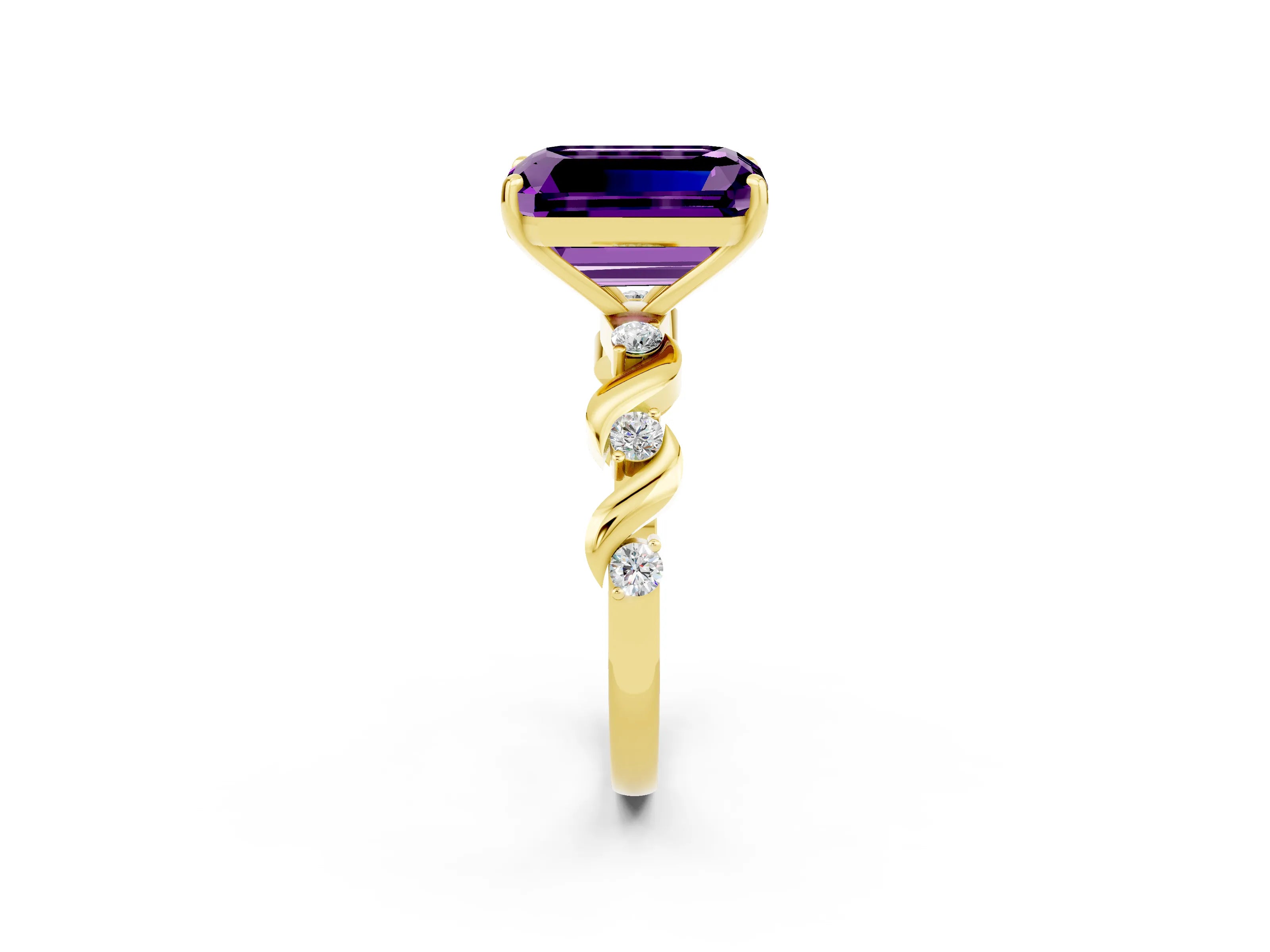 Yellow gold Emerald Cut Amethyst Solitaire Twisted Band with Round  Accents and Prong Setting_14