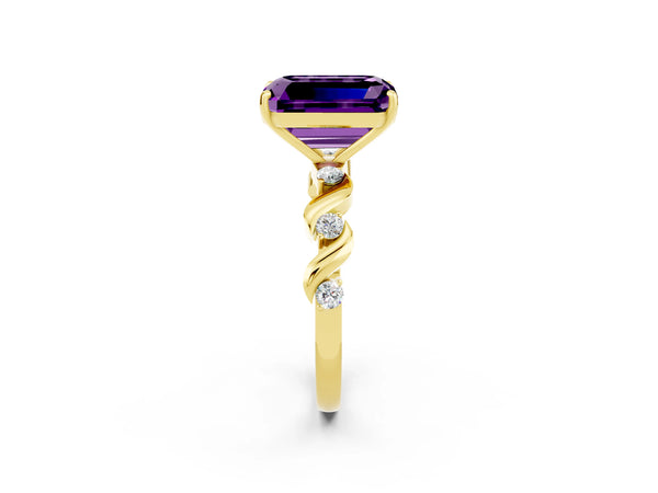 Yellow gold Emerald Cut Amethyst Solitaire Twisted Band with Round  Accents and Prong Setting