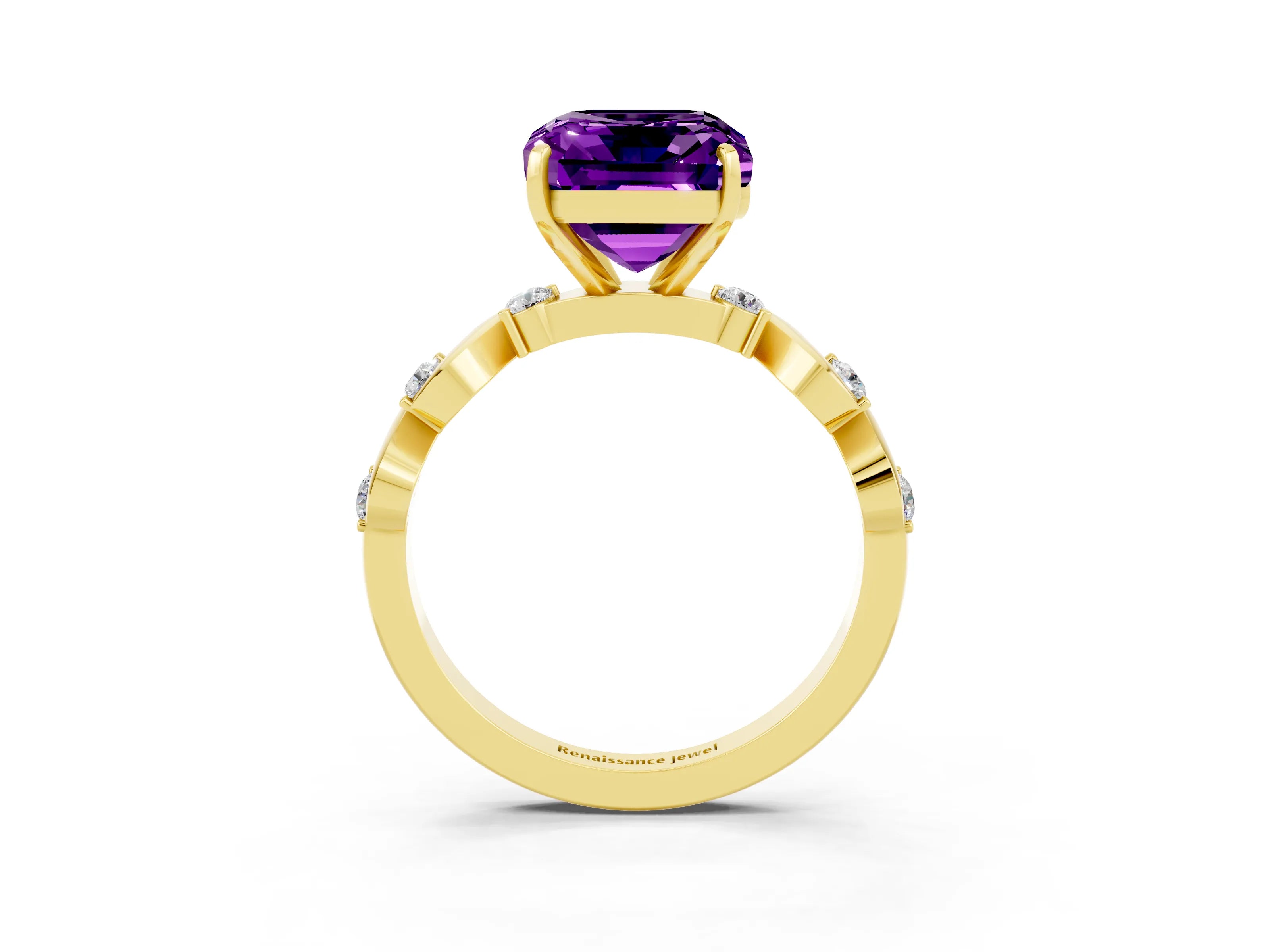 Yellow gold Emerald Cut Amethyst Solitaire Twisted Band with Round  Accents and Prong Setting_15