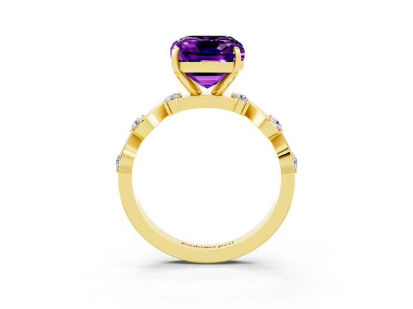 Yellow gold Emerald Cut Amethyst Solitaire Twisted Band with Round  Accents and Prong Setting