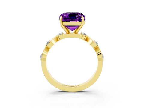 Yellow gold Emerald Cut Amethyst Solitaire Twisted Band with Round  Accents and Prong Setting_15