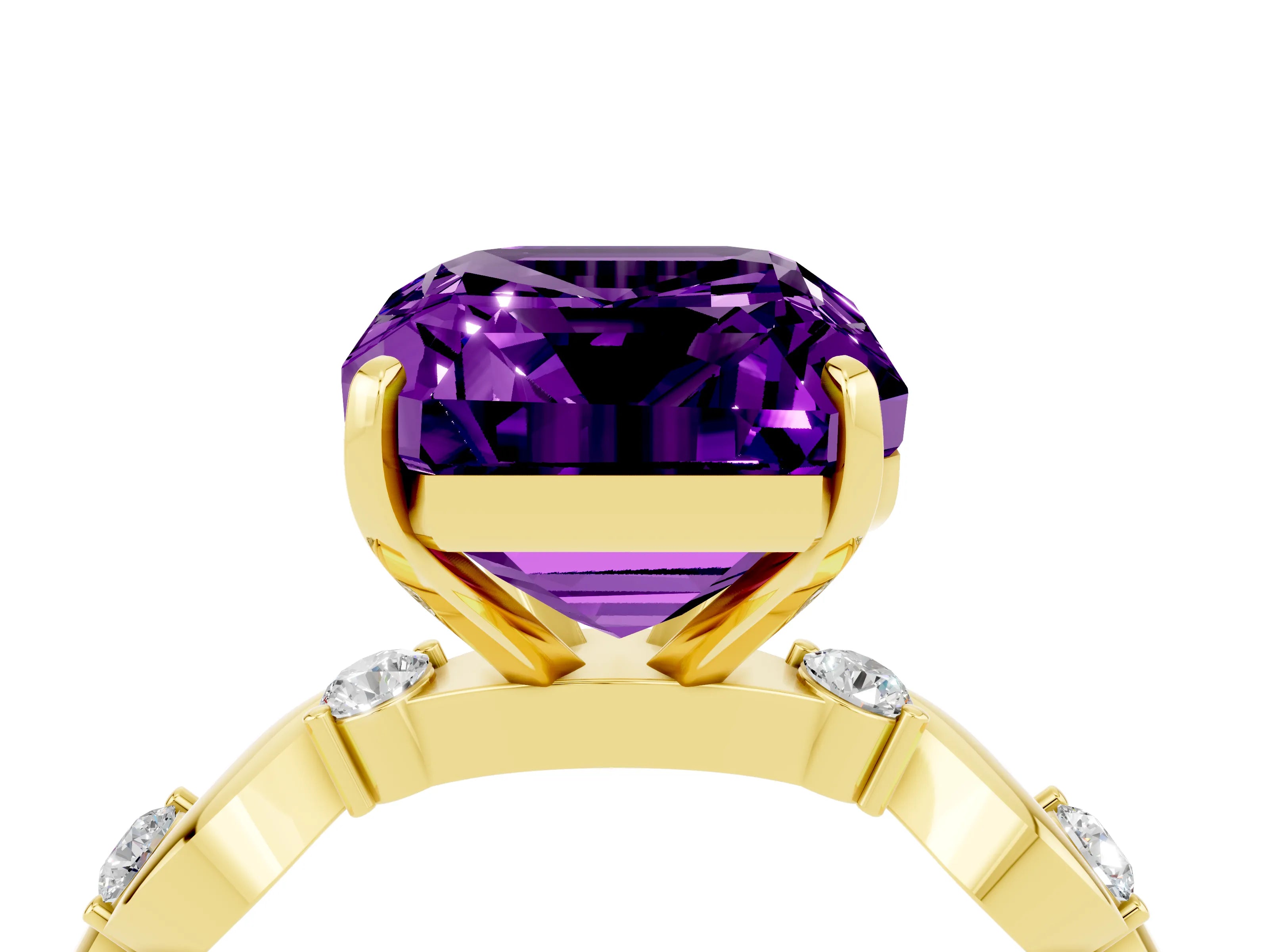Yellow gold Emerald Cut Amethyst Solitaire Twisted Band with Round  Accents and Prong Setting_16