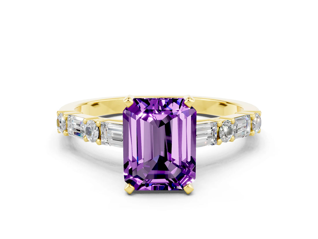 Yellow gold Emerald Cut Amethyst Solitaire with Side Baguettes and Channel Set Band