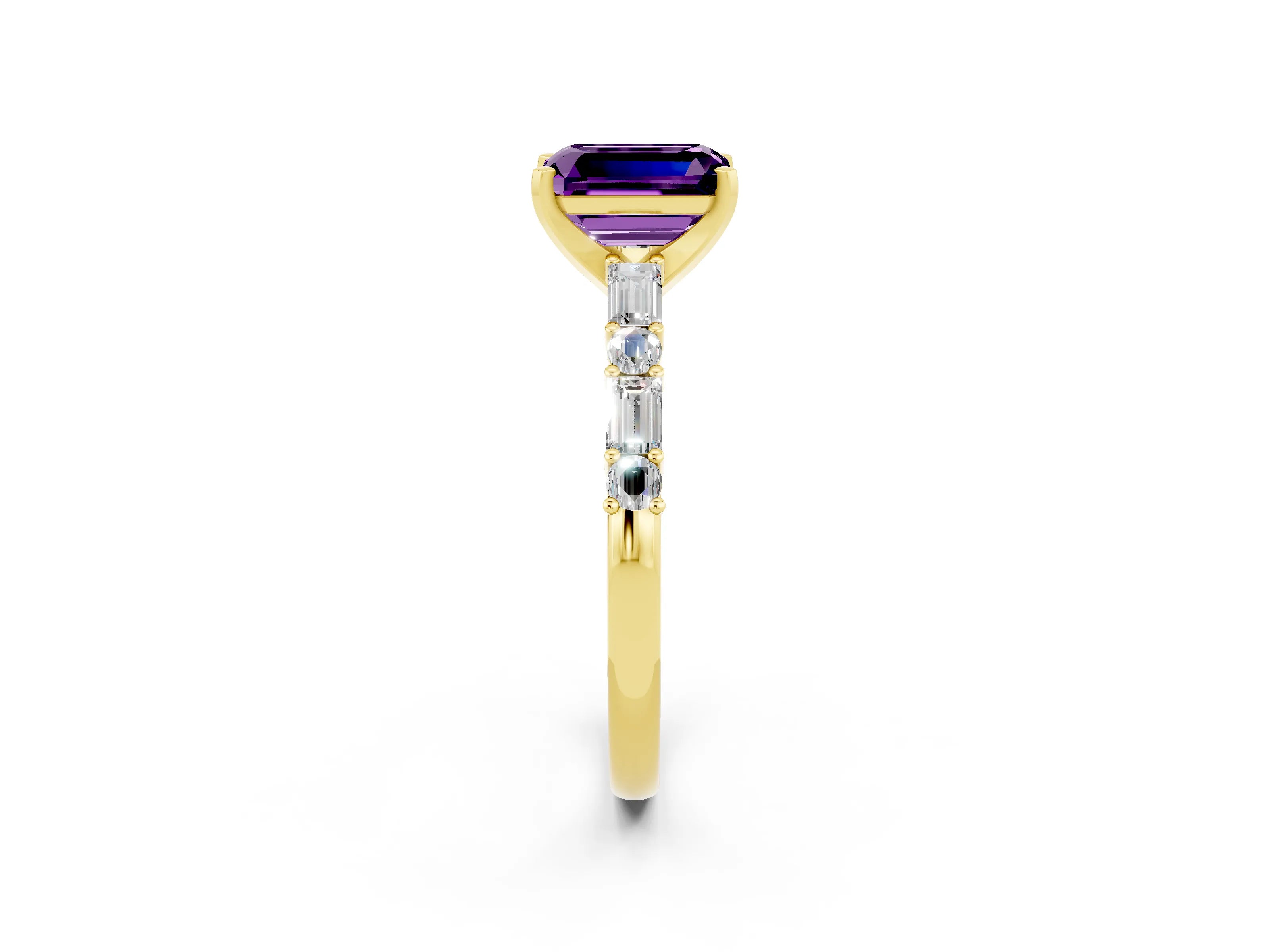 Yellow gold Emerald Cut Amethyst Solitaire with Side Baguettes and Channel Set Band_2